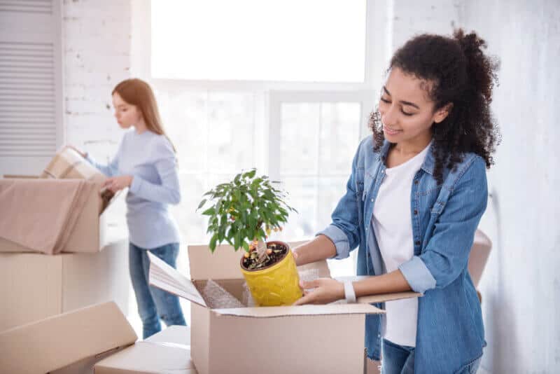 Preparing,New,Flat.,Beautiful,Upbeat,Girl,Unpacking,A,Plant,Out roommates unpacking boxes in new apartment